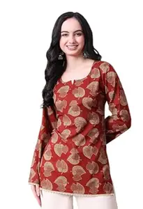 MEERA FAB Women's Floral Printed Cotton Short Top | Floral Printed Kurta with Full Sleeves | Short Kurti for Women