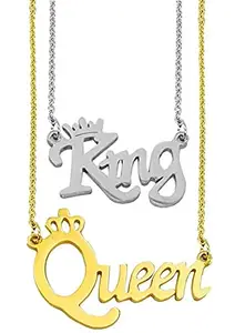 Uniqon (Set Of 2 Pcs) CMB7364-01 Multicolor Valentine's Day Special Metal Stainless Steel King And Queen Name Letter Romantic Love Couple Locket Pendant Necklace With Chain For Boy's And Girl's