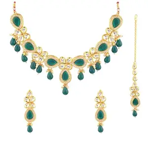 Efulgenz Crystal Kundan Green Traditional Choker Necklace Set
