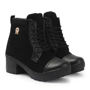 KRAFTER Women & Girls Lace Up Suede Velvet Block Heeled Western Casual Boots-UK-3-HP-555-Black-36