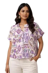 Reeca Women V-Neck Tunic Top with Purple Accents | Relaxed Fit Short Sleeve Cotton Kurti with Metallic Brooch Detail | Stylish Ethnic Fusion Blouse