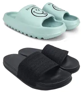 Pampy Angel Combo Pack of 2 Slipper/Flip Flops/Slides for Women,(YW-Smil-Green,Fly-Arow-Black),39 (Euro)