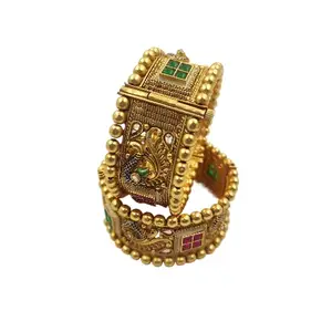 MEHAK CURATORS Rajwadi Traditional Gold Plated Screw Bangles Kada Kangan with Meenakari Peacock Design for Women and Girls Set of 2 (2.2)