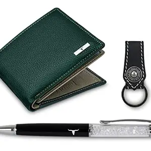 URBAN FOREST Keith Green/Grey Leather Wallet + Keyring + Pen Combo Gift Set for Men