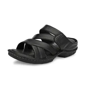 HITZ Men's Black Leather Casual Open Toe Slippers - UK 10