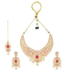 M.D KARAT ART trendy gold plated pink & white A1 TIWAN stone necklace jewellery set with earring & mangtika jewellery set for women (SET 0201N)