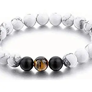 ZIVOM® Unisex Base Metal Natural Tiger Eye Onyx Hite Beads Glossy Stretchable Distance Bracelet, White
