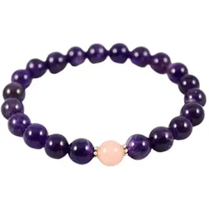 Lady Works Natural Amethyst With Rose Quartz 8mm Round Shape Smooth Cut Beads 6.5 Inch Stretchable Bracelet For Men & Women. Unisex Bracelet For Healing, Meditation, Prosperity, Gift & Luck|LW_BRST_00558_6.5