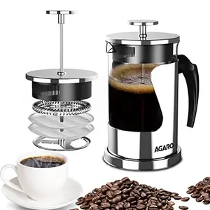 AGARO AGARO Crystal French Press Coffee Maker, 600 ML, 4 Level Filtration System, 304 Grade Stainless Steel-Heat Resistant Borosilicate Glass, Silver
