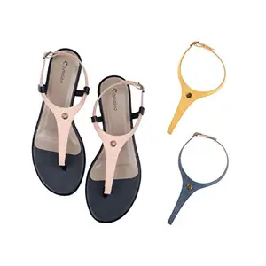 Cameleo -changes with You! Cameleo -changes with You! Women's Slingback Flat Sandals | 3-in-1 Interchangeable Strap Set | Baby-Pink-Yellow-Dark-Blue