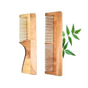 MICLAC Neem Oil Enriched Wooden Hair Comb | Dual Teeth & Handle Comb for Hair Nourishment, Growth & Shine | Pack of 2