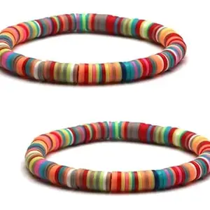 De-Autocare (Set Of 2 Pcs Unisex Adjustable Size Colorful Rainbow Polymer Clay Confetti Heishi Disc Bead Handmade Summer Wrist Band Elastic Field Stretch Bracelets
