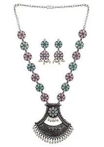 Siddhatva Ethnic Traditional Oxidised Silver Pearl Brass Fashion Long Necklace Earrings Jewelry Set for Women Girls Pink (Pink)