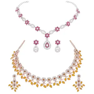 Rose Gold & Silver Plated Shiny AD Stone Studded Choker Necklace Jewellery Combo set with Beautiful Earring for Women and Girls(AB_ATS-RG-Yellow & Sparsh-SLR-Pink)