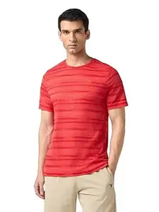 TECHNOSPORT Men's Slim Fit Jacquard Round Neck Half Sleeve T-Shirt for Running, Sports, Gym & Regular Use