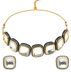 YouBella Jewellery Gold Plated Necklace Jewellery Set with Earrings and Maang Tikka for Girls and Women (Grey) (YBNK_50527)