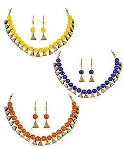 JFL - Jewellery for Less Women's Fashion Combo of 3 German Oxidized and Onyx Beaded Necklace Set with Adjustable Thread (Blue, Orange & Yellow),Valentine