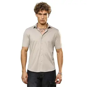 Campus Sutra Men's Khaki Beige Seamless Solid Shirt for Casual Wear | Spread Collar | Short Regular Sleeves | Button Closure | Shirt Crafted with Comfort Fit for Everyday Wear