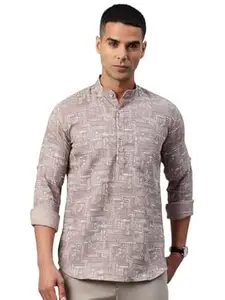 Majestic Man Men's Pure Cotton Printed Mandarin Collar Slim Fit Roll-Up Sleeves Short Kurta