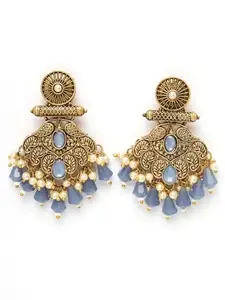 ADIVA Antique Gold-Plated Blue Pearl & Stone Handcrafted Classic Drop Earrings