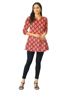 Red Leaf and Floral Printed Cotton Short Kurti for Womens