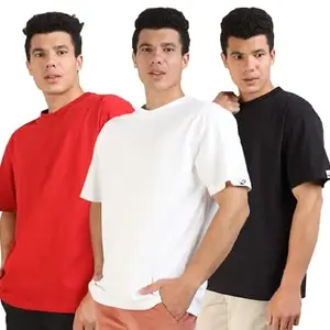Generic BEFYKAR Men Oversize T-Shirt Pure Cotton Solid Color Baggy Tee Loose Fitting Short Sleeve Wide fit Oversized Long T-Shirt Solid Printed 3in 1 (Red,White,Black)(Pack of 3) (Medium)