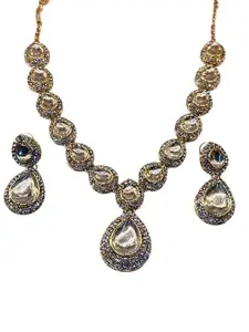 Bridal Kundan Necklace Set with Earrings – Teardrop Design, Gold Tone with Clear Stones – Wedding, Party & Festive Jewelry for Women