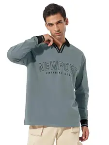 Maniac Mens Printed Polo Neck Full Sleeve Light Grey Cotton Oversized T-Shirt