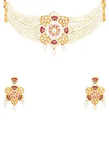 Yellow Chimes Jewellery Set for Women Gold Toned Kundan Studded Pearl Drop with Beads White Meeanakari Touch Choker Necklace Set with Earrings for Women and Girls