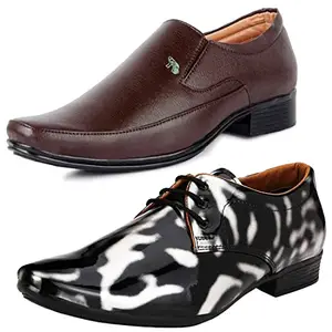 Vitoria Men's PU Formal/Party Shoes | 2 Shoes Combo with Free Belt | Stylish & Comfortable | Ideal for Office, Casual Outings, Parties (7883_VTR01-Blk-Slvr-2006-Bdr) (Multicolor)(Size: 8UK)