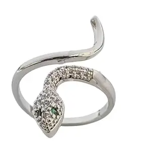 Long Tail Green Eyes Sterling Silver Designer Snake Ring with Crystal Accents, Adjustable Statement Ring for Women & Girls