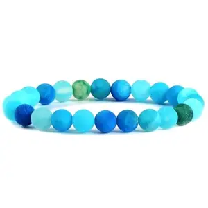 RRJEWELZ Natural Blue Weathered Agate 8mm Round Shape Smooth Cut Beads Stretchable Bracelet for Men & Women.|STBR_RR_02319_6.5