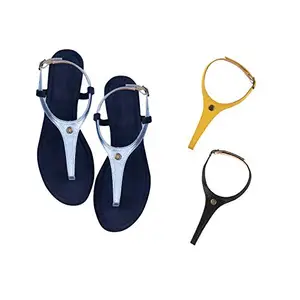 Cameleo -changes with You! Women's Plural T-Strap Slingback Flat Sandals | 3-in-1 Interchangeable Leather Strap Set | Silver-Yellow-Black