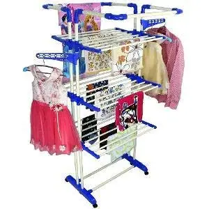 BRANCO 3 Layer Finest Clothes Stand for Drying/Cloth Drying Stand/Cloth Drying Stand for Balcony/Steel Dress Hanging Dryer Rack | Premium Alloy Steel Extra Large Cloth Drying Stand (White & Blue)