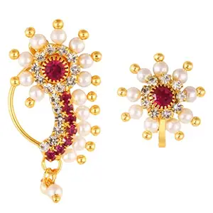 VFJ VIGHNAHARTA FASHION JEWELLERY Vighnaharta Gold Plated with Pearl CZ and Artificial stone Clip-on and Press Maharashtrian Nath Nathiya./ Nose Pin valentine day gift valentineday gift for her gift for him gift for women gift for women [VFJ1189NTH-Red-1192NTH-Red]