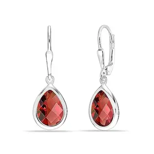 Amazon Brand - Nora Nico 925 Sterling Silver BIS Hallmarked Drop Earrings for Women, Red Garnet Birthstone Leverback Earring for Girls