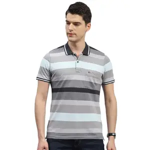 Monte Carlo Mens Grey Striped Polo Neck Half Sleeve Regular Fit T-Shirt (224064261-2-42)