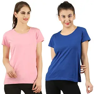 Midaas Women Cotton Solid Tshirt Pink::Blue Small Pack of 2