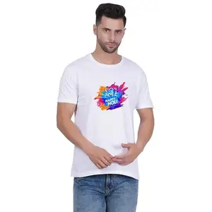 DORECHU Half Sleeves Holi Hai, Happy Holi Round Neck Polyester Printed White T Shirt for Men and Women