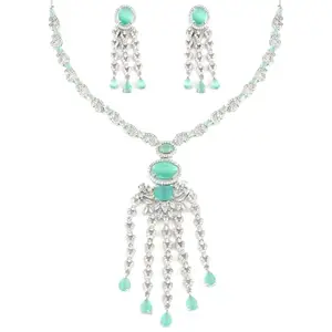 PRIVIU Rhodium Plated Jewellery Set for Women Green American Diamond studded Necklace and Earrings Set for Women and Girls Stylish