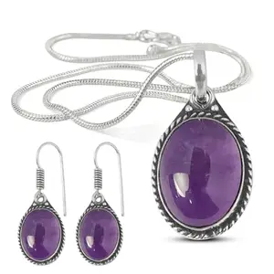 Reiki Crystal Products Natural AAA Amethyst Pendant with Earring Metal Chain Crystal Stone Locket for Women