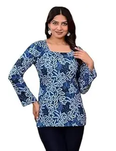Cotton Printed Straight Short Kurti for Women, Blue Floral Pattern Top Dress, Long Sleeve Casual Tunic for Ladies and Girls