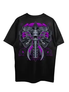 THREADCURRY Alien Invader Oversized Drop Shoulder Cotton Loose Printed T-Shirt for Men Black