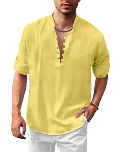 FINIVO FASHION Men's Solid Cotton Blend Straight Kurta Shirt, Regular Fit Full Sleeve Short Kurta Shirt Yellow