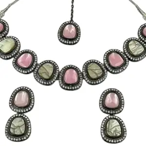 Antique Jewellery Oxidise square shape pink necklace set