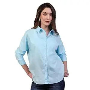 Urbano Fashion Women's Cotton Full Sleeve Oversized Fit Casual Solid Slub Shirt with Spread Collar