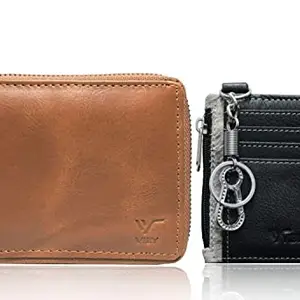 Viby Pure Genuine Leather Zipper Wallet for Men with RFID Protected Card Sleeve (Tan with Black Keychain Holder)
