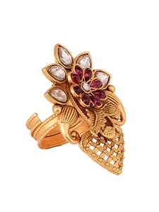 SARAF RS JEWELLERY Gold Plated Traditional Adjustable Floral Ring, Coloured Stone Ring for Women