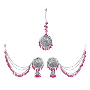 Shreyadzines Oxidized Silver Navratri Wedding Bbridal Earrings with Maang Tikka Combo for Women and Girls (Pink)