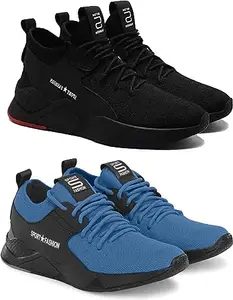 WORLD WEAR FOOTWEAR Soft, Comfortable and Breathable Canvas Lace-Ups Sports Running Shoes for Men (Black and Blue, 7) (S5609)